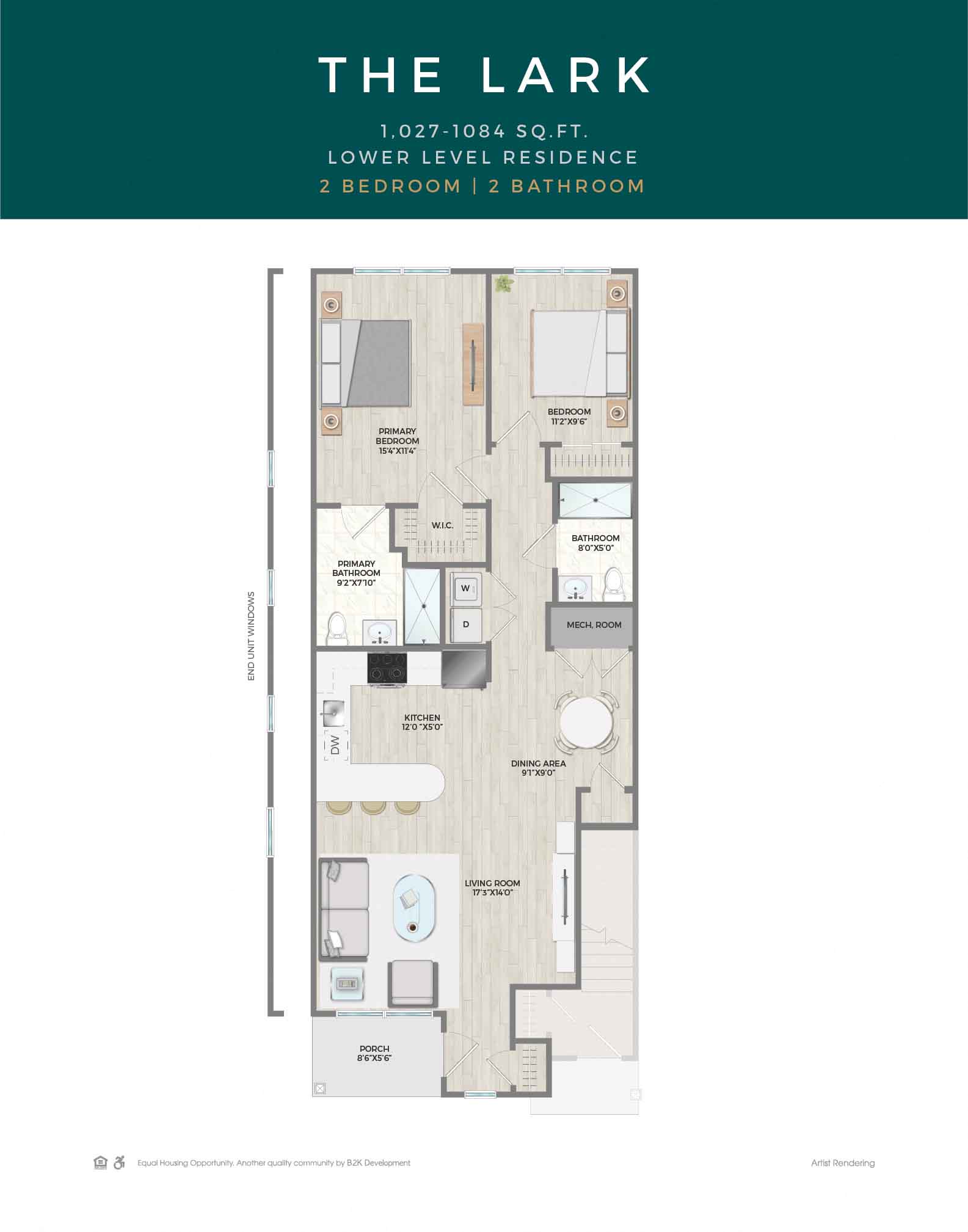 Floor plan for 2 beds, 2 baths, 1060 sqft